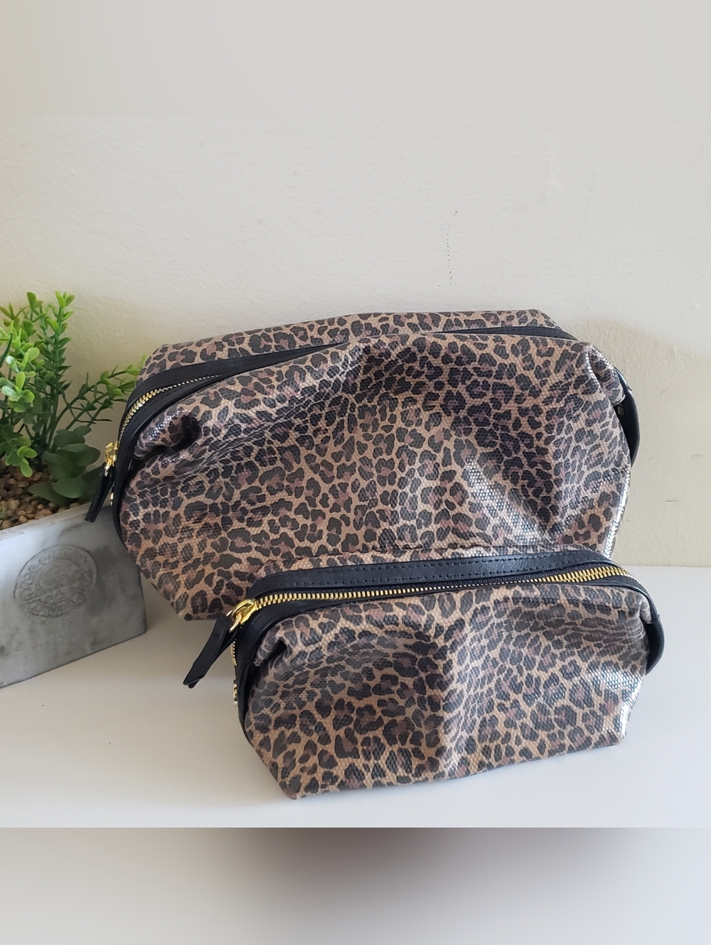 J. CREW Cheetah Print  Leather & Wax Coated Cotton Cosmetic Bag Set - O/S